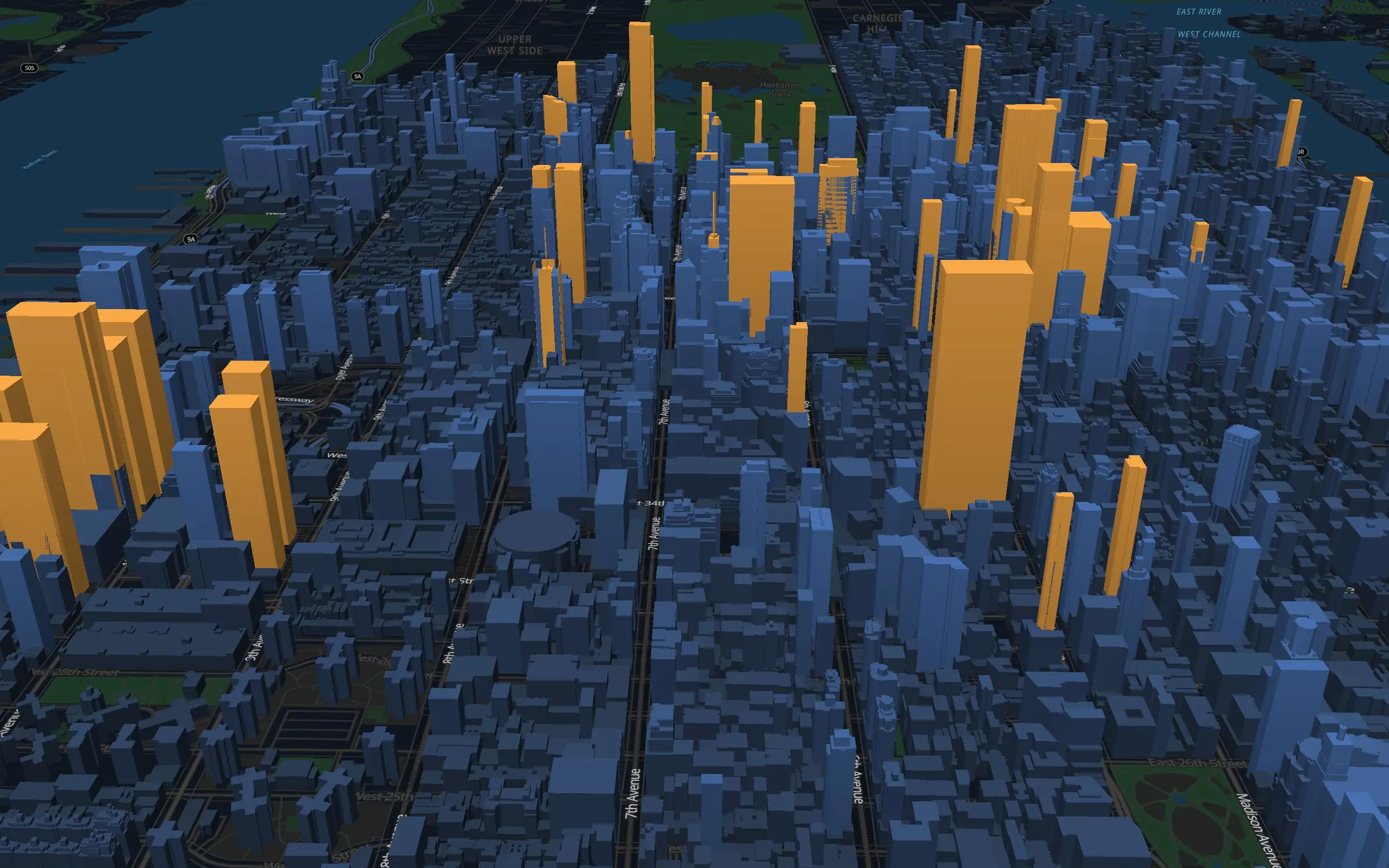 Midtown Manhattan in 3D at night, the tallest towers in amber